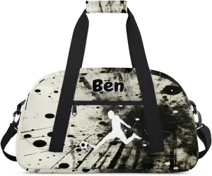 Custom Name Sports Duffel Bag Boys, Personalized Sportsman Training Bag Travel Weekender Tote Carry-On Fitness Workout Bag, Playig Soccer, Art Black Ink Abstract
