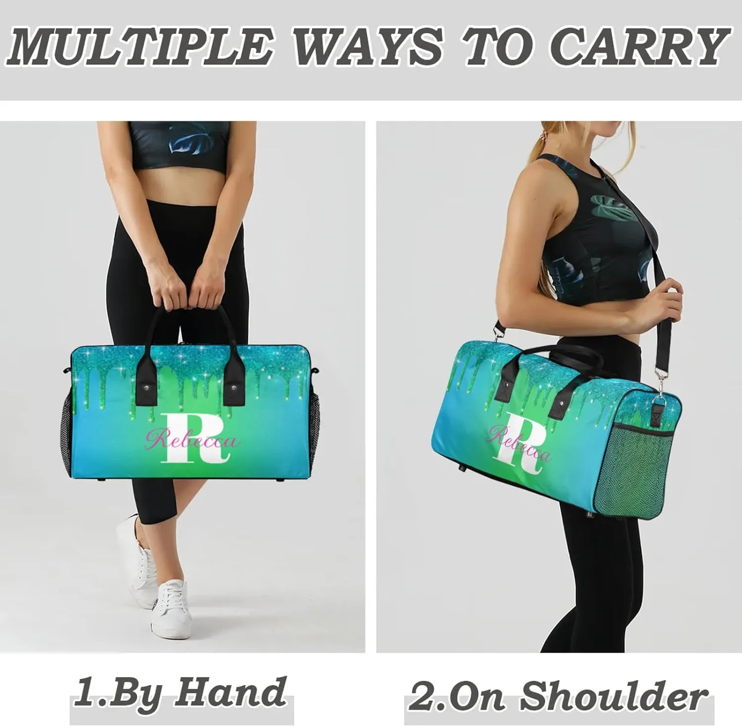 Custom Name Sports Duffel Bag Personalized Dance Gym Bag for Women Men Overnight Weekender Travel Duffel Bags Lightweight 17.4in, Blue Green
