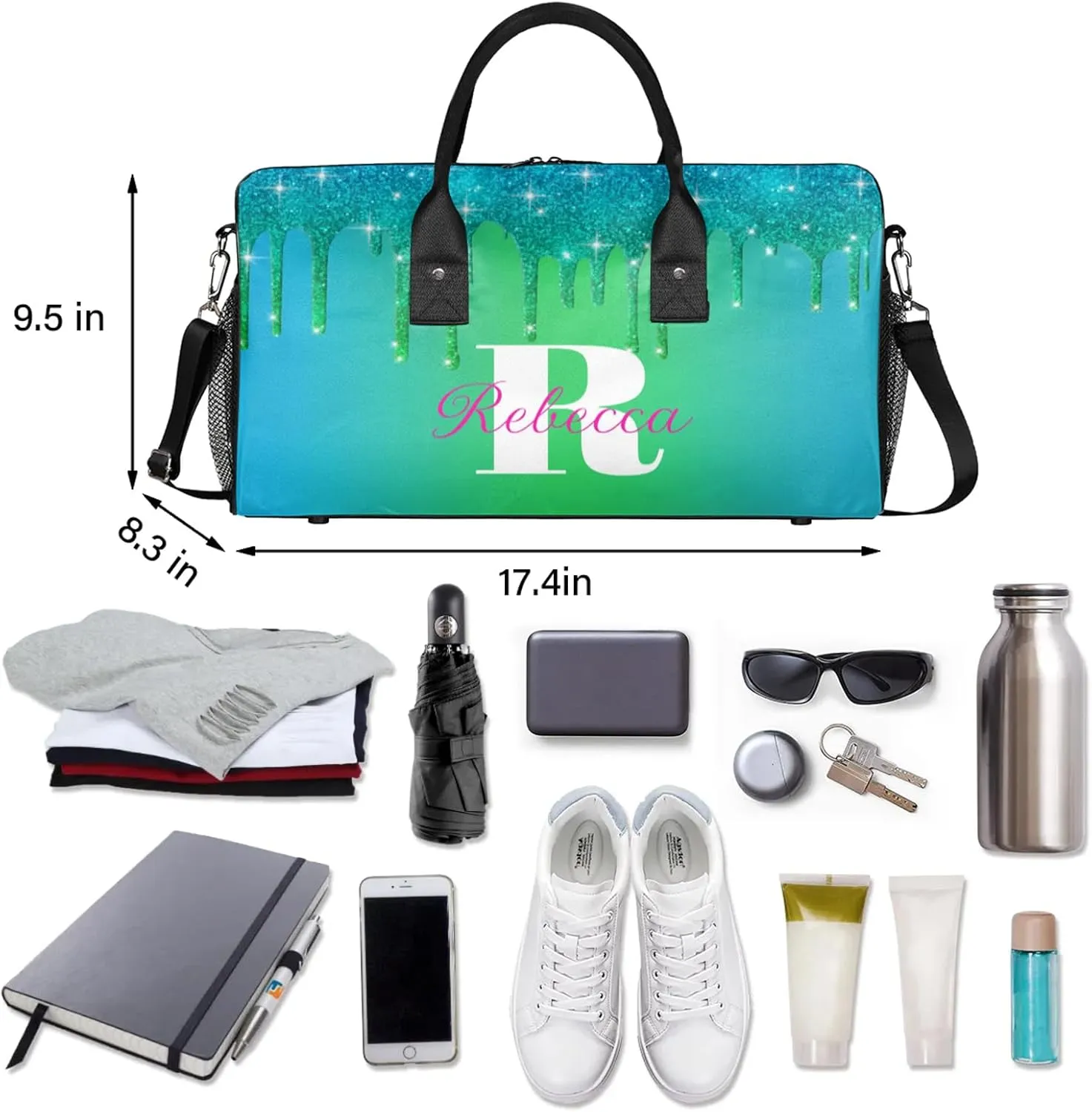 Custom Name Sports Duffel Bag Personalized Dance Gym Bag for Women Men Overnight Weekender Travel Duffel Bags Lightweight 17.4in, Blue Green