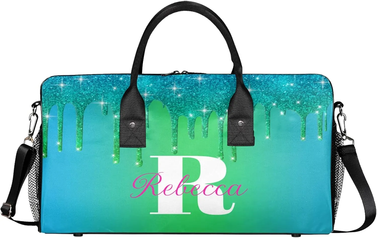 Custom Name Sports Duffel Bag Personalized Dance Gym Bag for Women Men Overnight Weekender Travel Duffel Bags Lightweight 17.4in, Blue Green