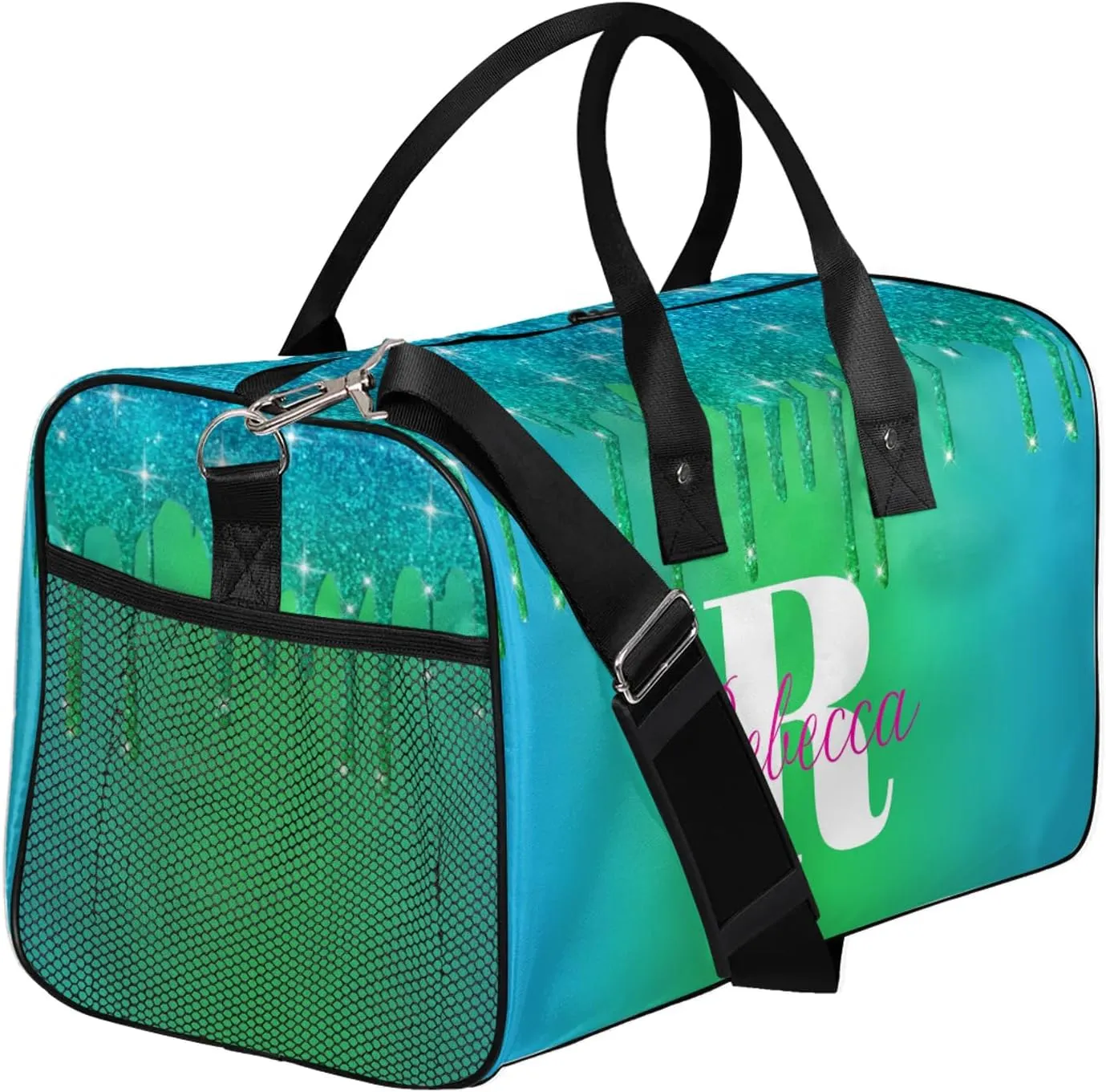 Custom Name Sports Duffel Bag Personalized Dance Gym Bag for Women Men Overnight Weekender Travel Duffel Bags Lightweight 17.4in, Blue Green