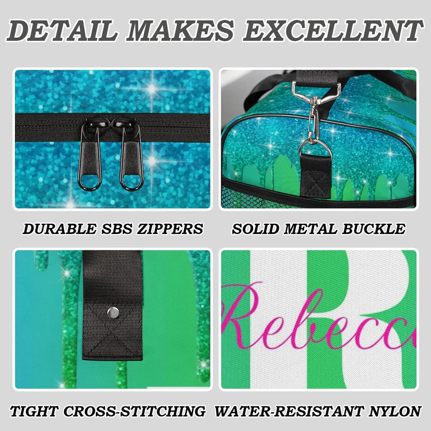 Custom Name Sports Duffel Bag Personalized Dance Gym Bag for Women Men Overnight Weekender Travel Duffel Bags Lightweight 17.4in, Blue Green