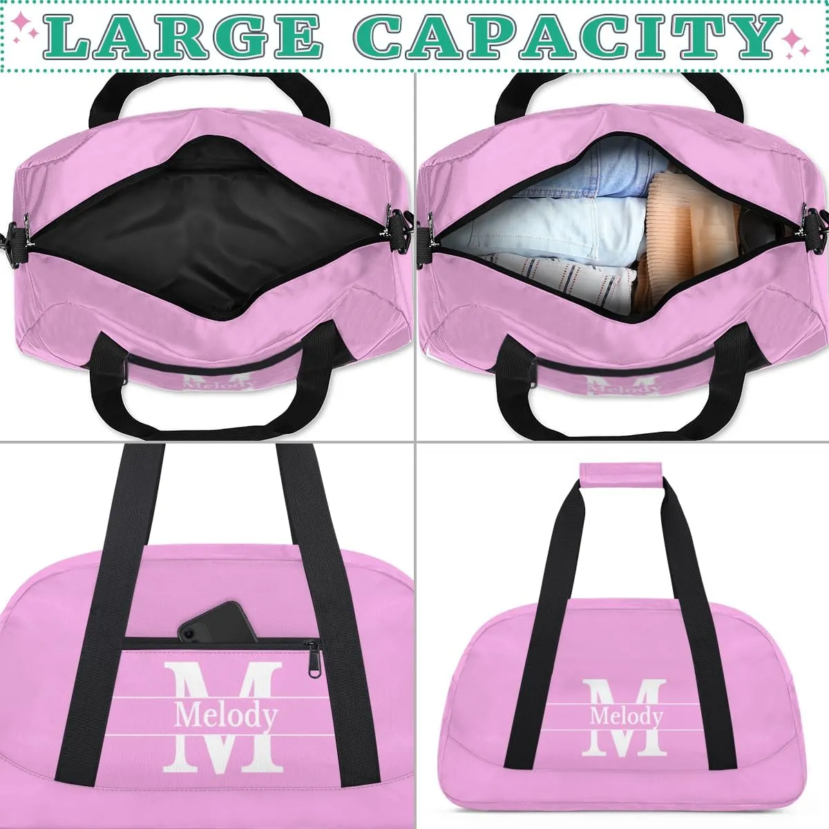 Custom Name Violet Pink Sports Duffel Bag, Personalized Initial Letter Gym Sport Duffel Cheerleading Travel Weekender Tote Carry-On Bag