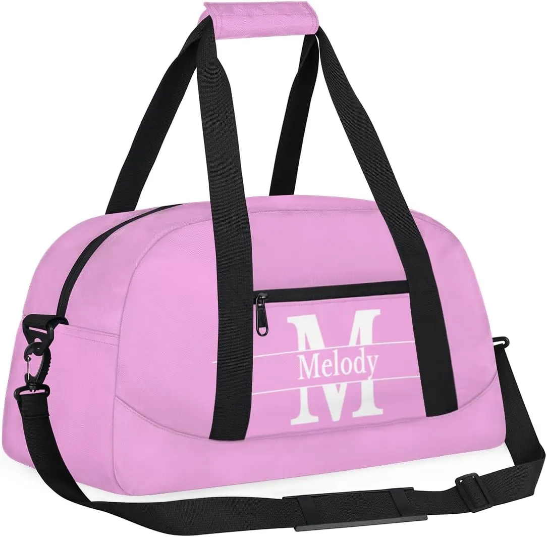Custom Name Violet Pink Sports Duffel Bag, Personalized Initial Letter Gym Sport Duffel Cheerleading Travel Weekender Tote Carry-On Bag