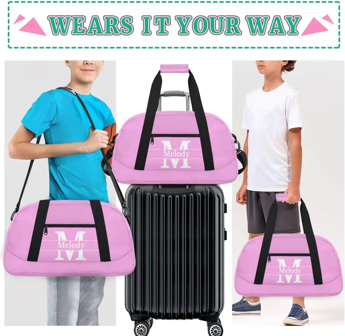 Custom Name Violet Pink Sports Duffel Bag, Personalized Initial Letter Gym Sport Duffel Cheerleading Travel Weekender Tote Carry-On Bag
