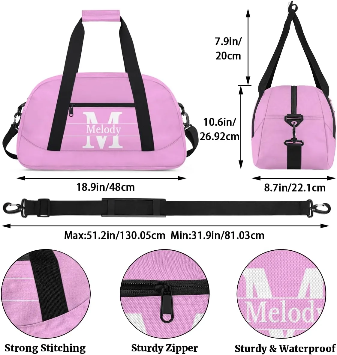 Custom Name Violet Pink Sports Duffel Bag, Personalized Initial Letter Gym Sport Duffel Cheerleading Travel Weekender Tote Carry-On Bag