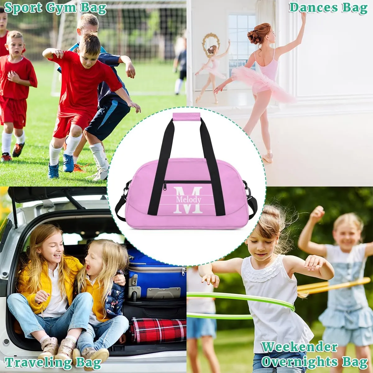Custom Name Violet Pink Sports Duffel Bag, Personalized Initial Letter Gym Sport Duffel Cheerleading Travel Weekender Tote Carry-On Bag