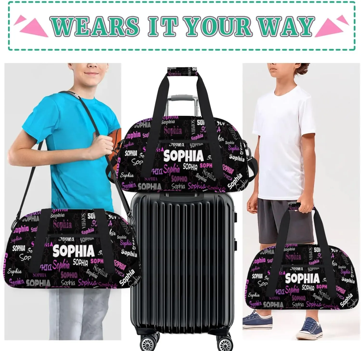 Custom Named Dance Ballet Bag, Black Gym Sports Duffle Bag Carry On Weekend Sports Dancing Training Travel Bag