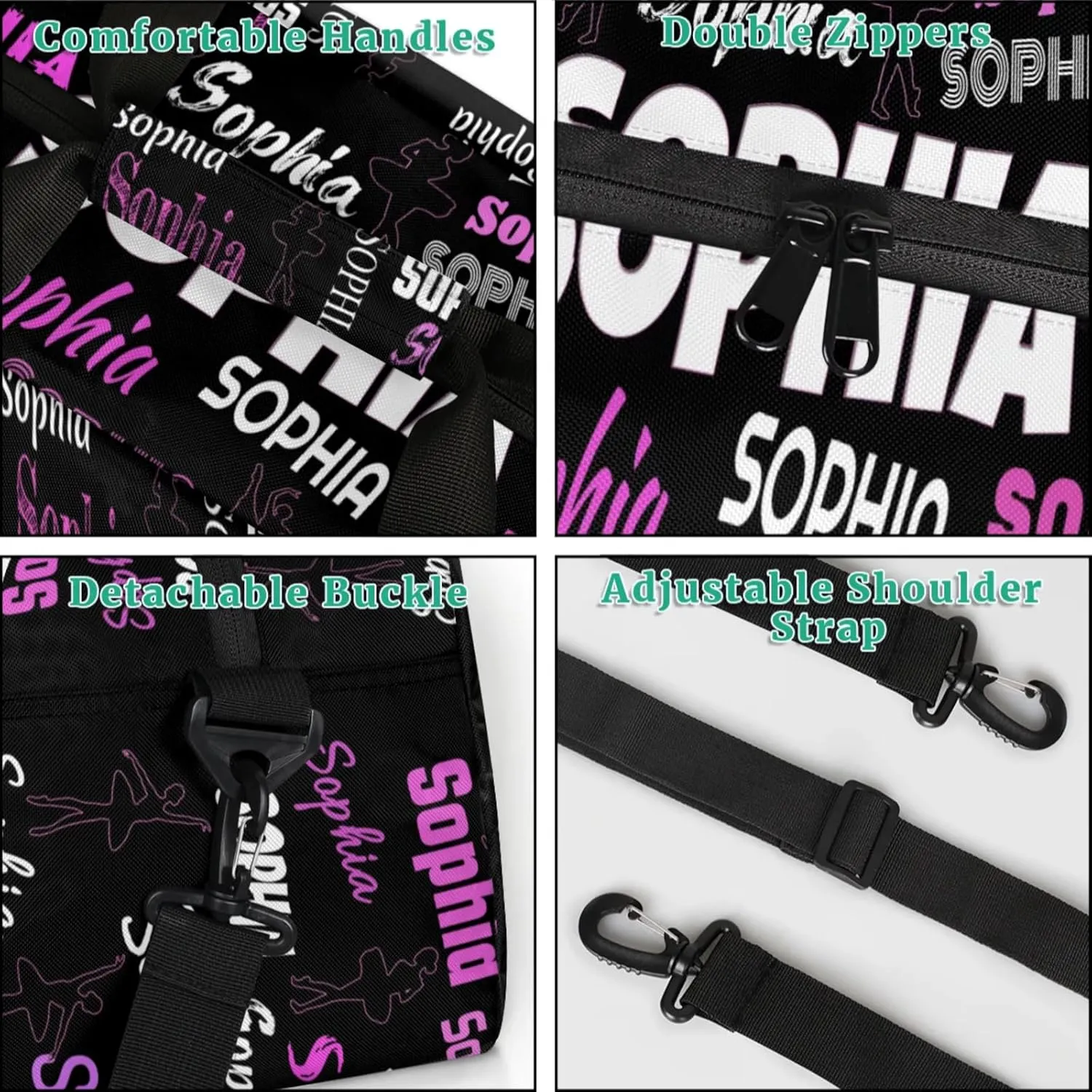 Custom Named Dance Ballet Bag, Black Gym Sports Duffle Bag Carry On Weekend Sports Dancing Training Travel Bag