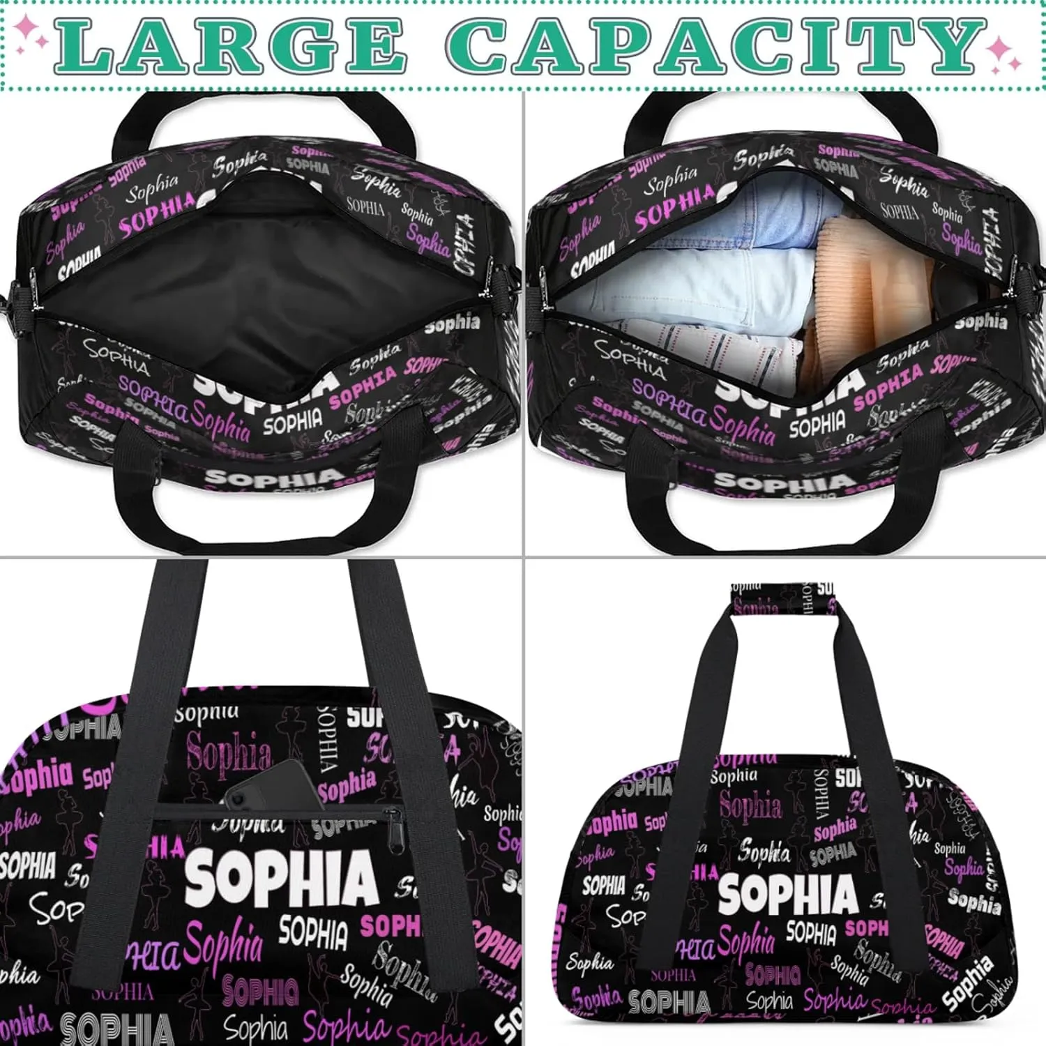 Custom Named Dance Ballet Bag, Black Gym Sports Duffle Bag Carry On Weekend Sports Dancing Training Travel Bag