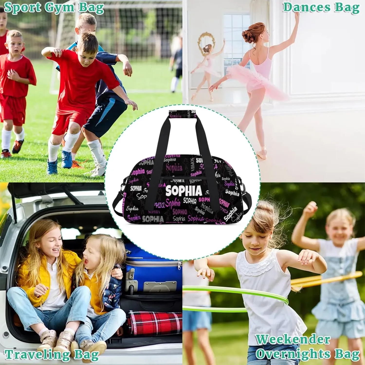 Custom Named Dance Ballet Bag, Black Gym Sports Duffle Bag Carry On Weekend Sports Dancing Training Travel Bag