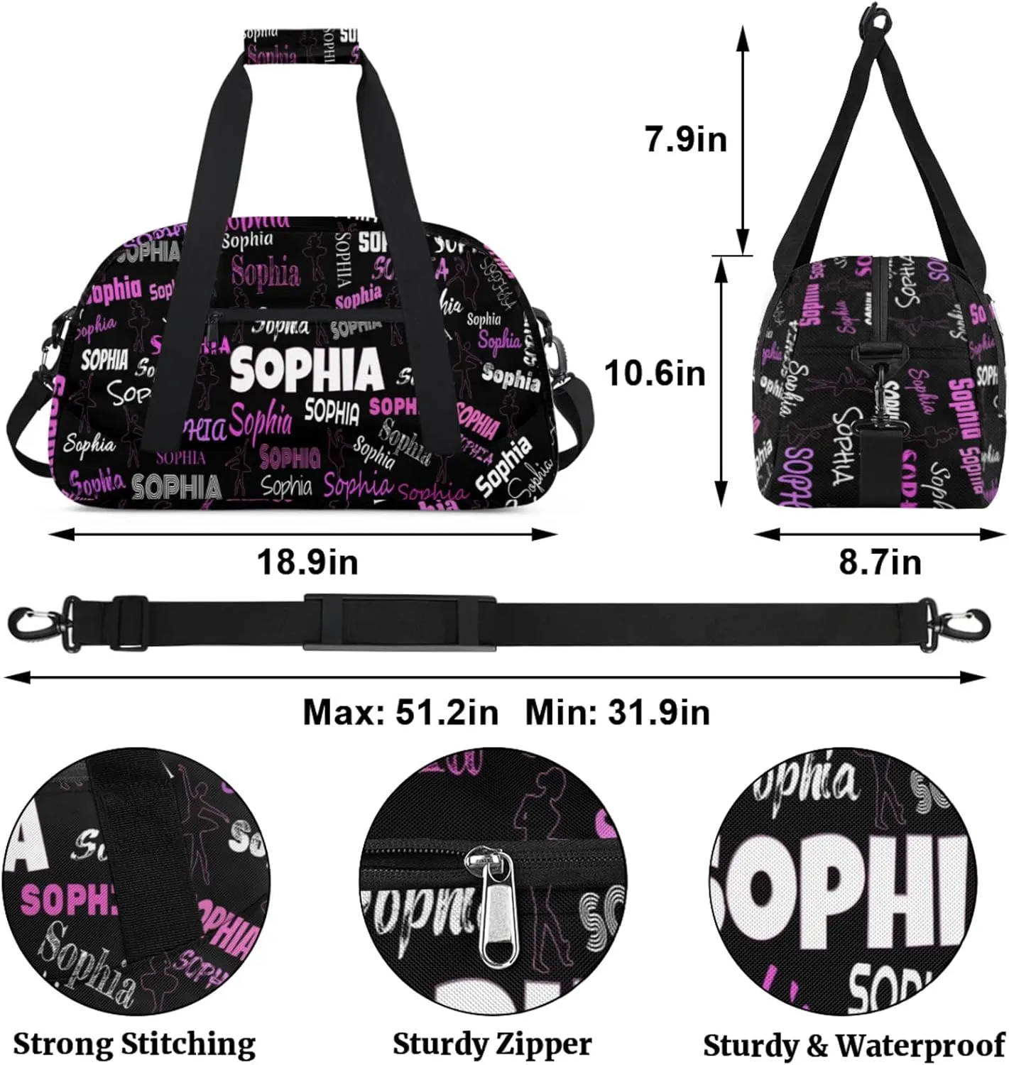 Custom Named Dance Ballet Bag, Black Gym Sports Duffle Bag Carry On Weekend Sports Dancing Training Travel Bag