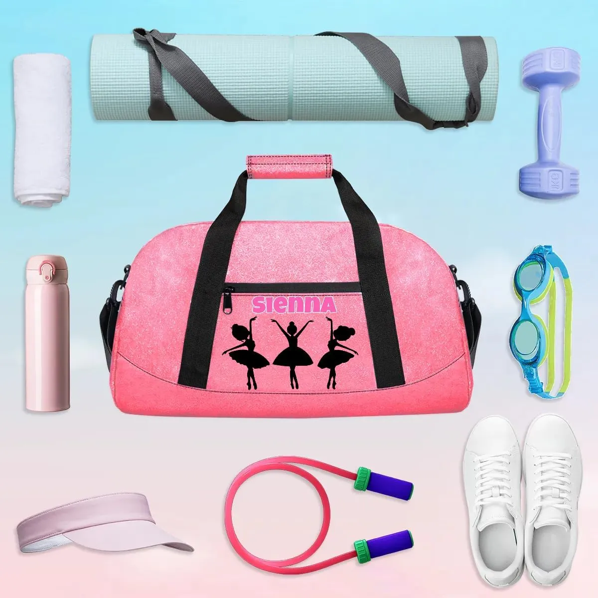 Custom Pink Dance Gym PU Bag with Name, Personalized Dancing Ballet Bag Travel Overnight Small Duffel Bag Gymnastics Swimming Sleepover Overnight Sports Bag, Black Dancer Silhouette