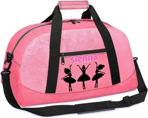 Custom Pink Dance Gym PU Bag with Name, Personalized Dancing Ballet Bag Travel Overnight Small Duffel Bag Gymnastics Swimming Sleepover Overnight Sports Bag, Black Dancer Silhouette