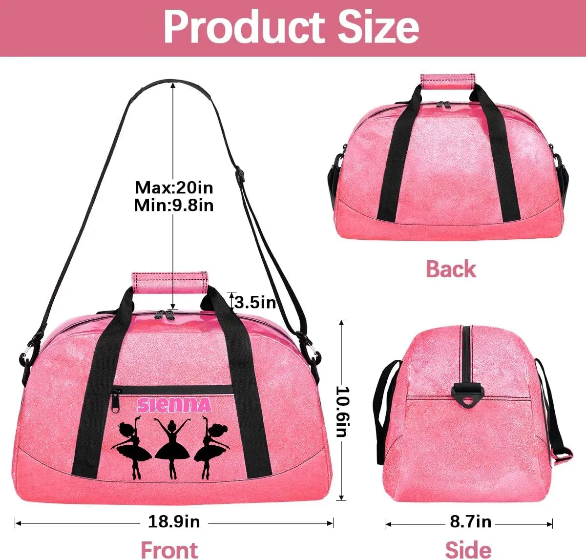 Custom Pink Dance Gym PU Bag with Name, Personalized Dancing Ballet Bag Travel Overnight Small Duffel Bag Gymnastics Swimming Sleepover Overnight Sports Bag, Black Dancer Silhouette