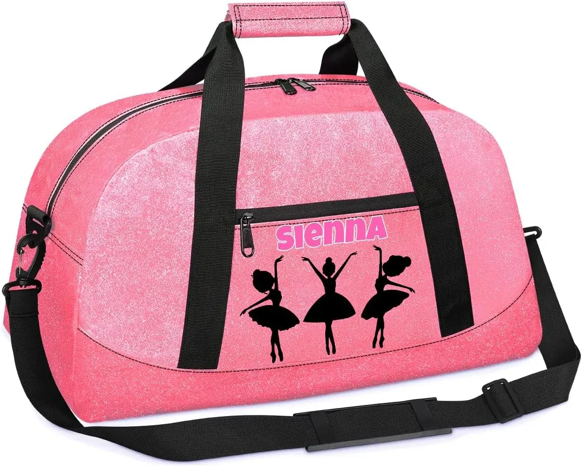 Custom Pink Dance Gym PU Bag with Name, Personalized Dancing Ballet Bag Travel Overnight Small Duffel Bag Gymnastics Swimming Sleepover Overnight Sports Bag, Black Dancer Silhouette
