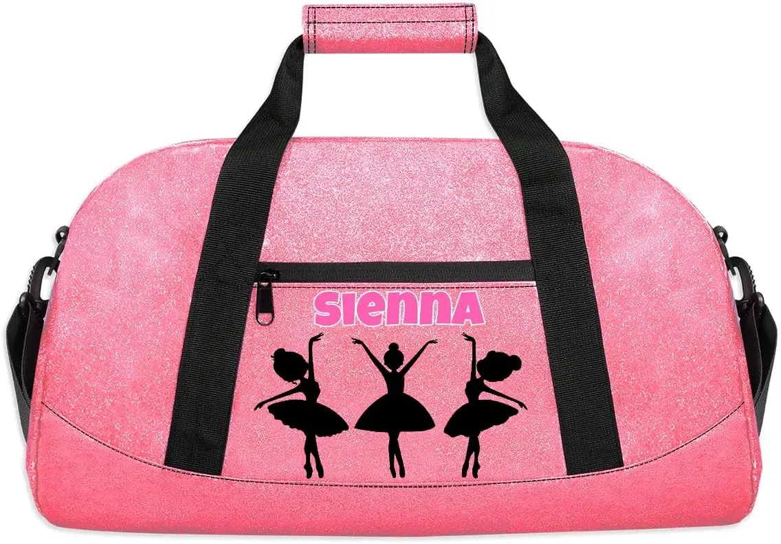 Custom Pink Dance Gym PU Bag with Name, Personalized Dancing Ballet Bag Travel Overnight Small Duffel Bag Gymnastics Swimming Sleepover Overnight Sports Bag, Black Dancer Silhouette