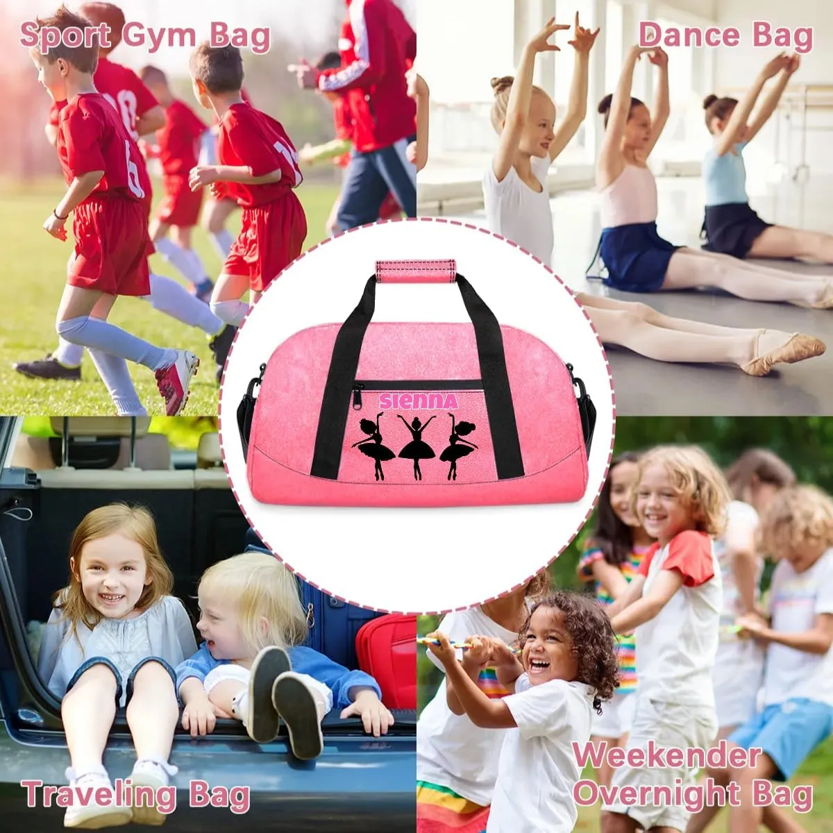 Custom Pink Dance Gym PU Bag with Name, Personalized Dancing Ballet Bag Travel Overnight Small Duffel Bag Gymnastics Swimming Sleepover Overnight Sports Bag, Black Dancer Silhouette