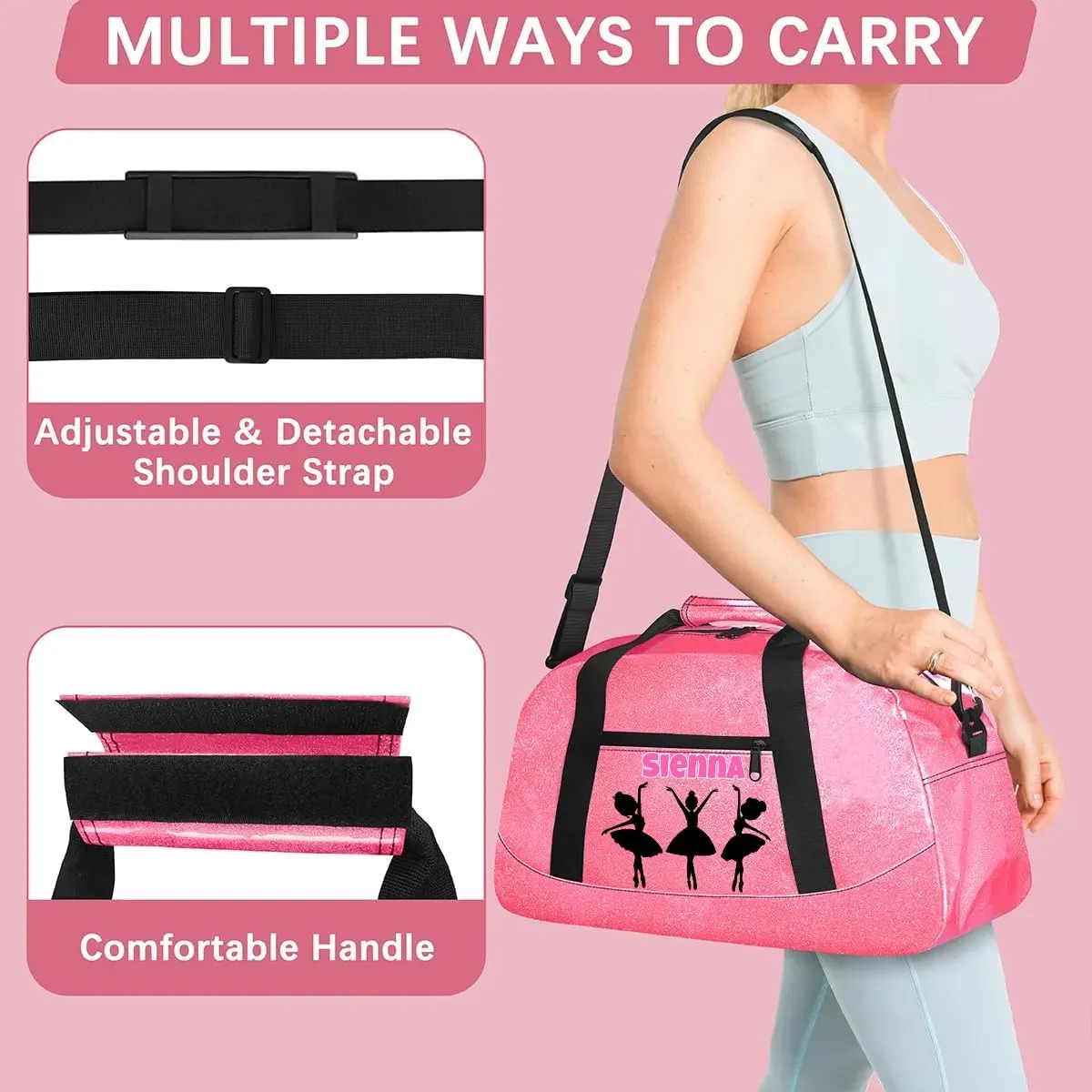 Custom Pink Dance Gym PU Bag with Name, Personalized Dancing Ballet Bag Travel Overnight Small Duffel Bag Gymnastics Swimming Sleepover Overnight Sports Bag, Black Dancer Silhouette