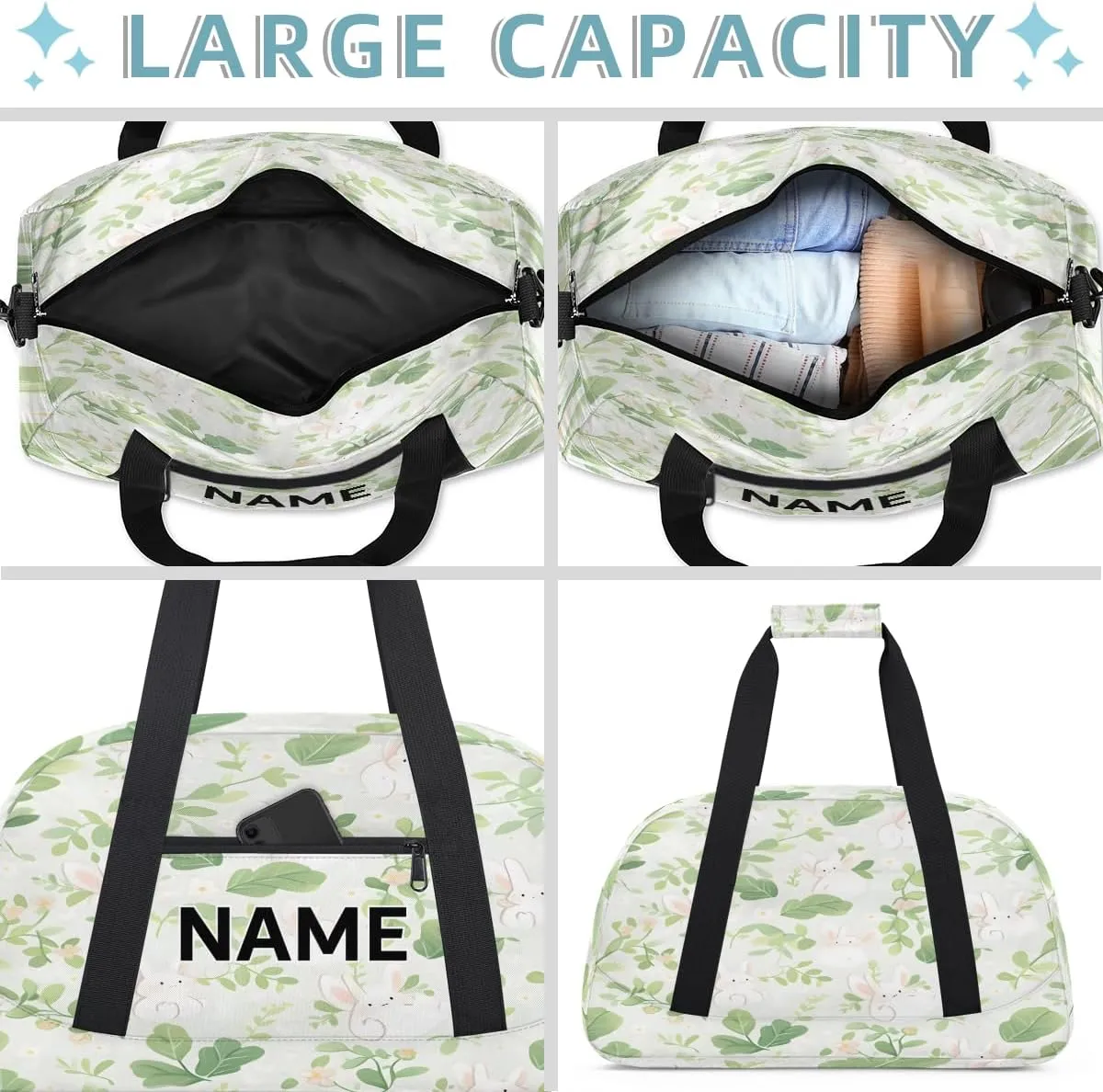 Custom Rabbit Floral Small Gym Bag 18 inch for Women Men Personalized Animals Rabbit Carry On Overnight Weekender Bag for Travel Work Dance Sport