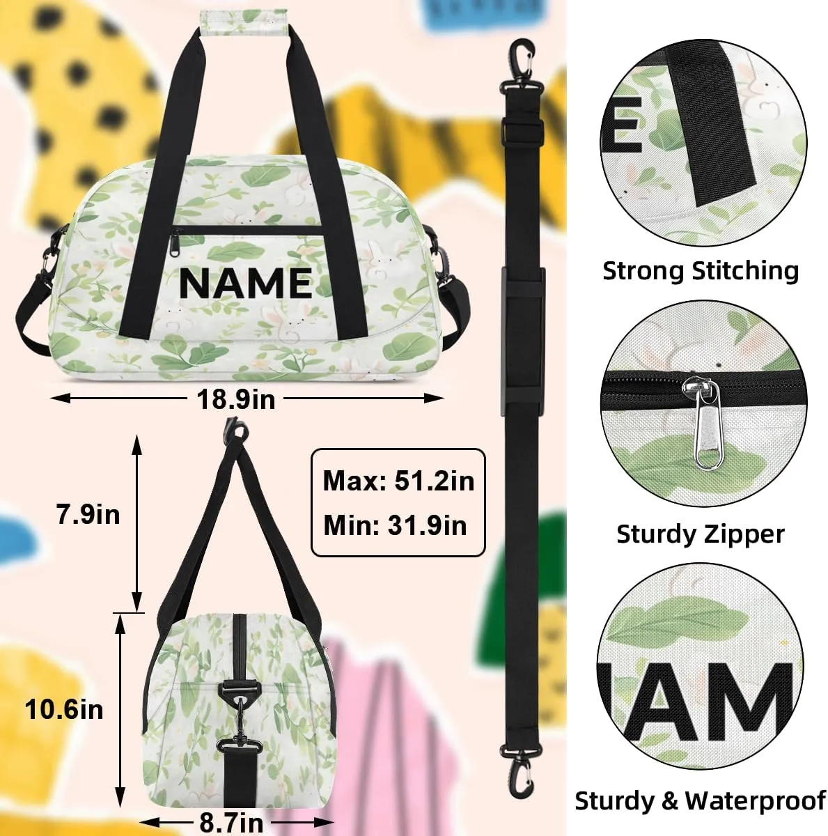 Custom Rabbit Floral Small Gym Bag 18 inch for Women Men Personalized Animals Rabbit Carry On Overnight Weekender Bag for Travel Work Dance Sport