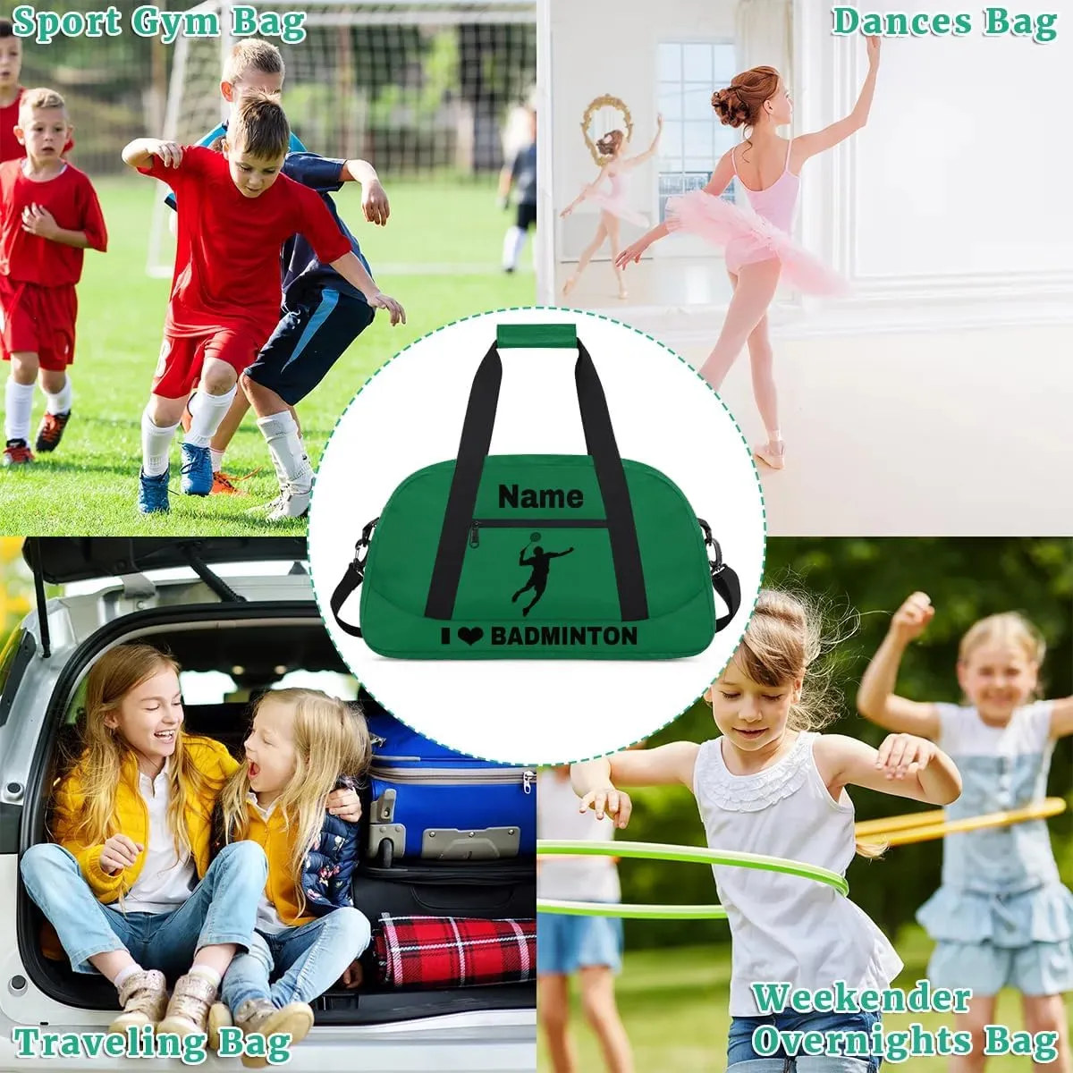 Custom Sport Duffel Bag Badminton Personalized Name Sports Bag Overnight Weekender Bag Waterproof Travel Sport Gym Bags, Green