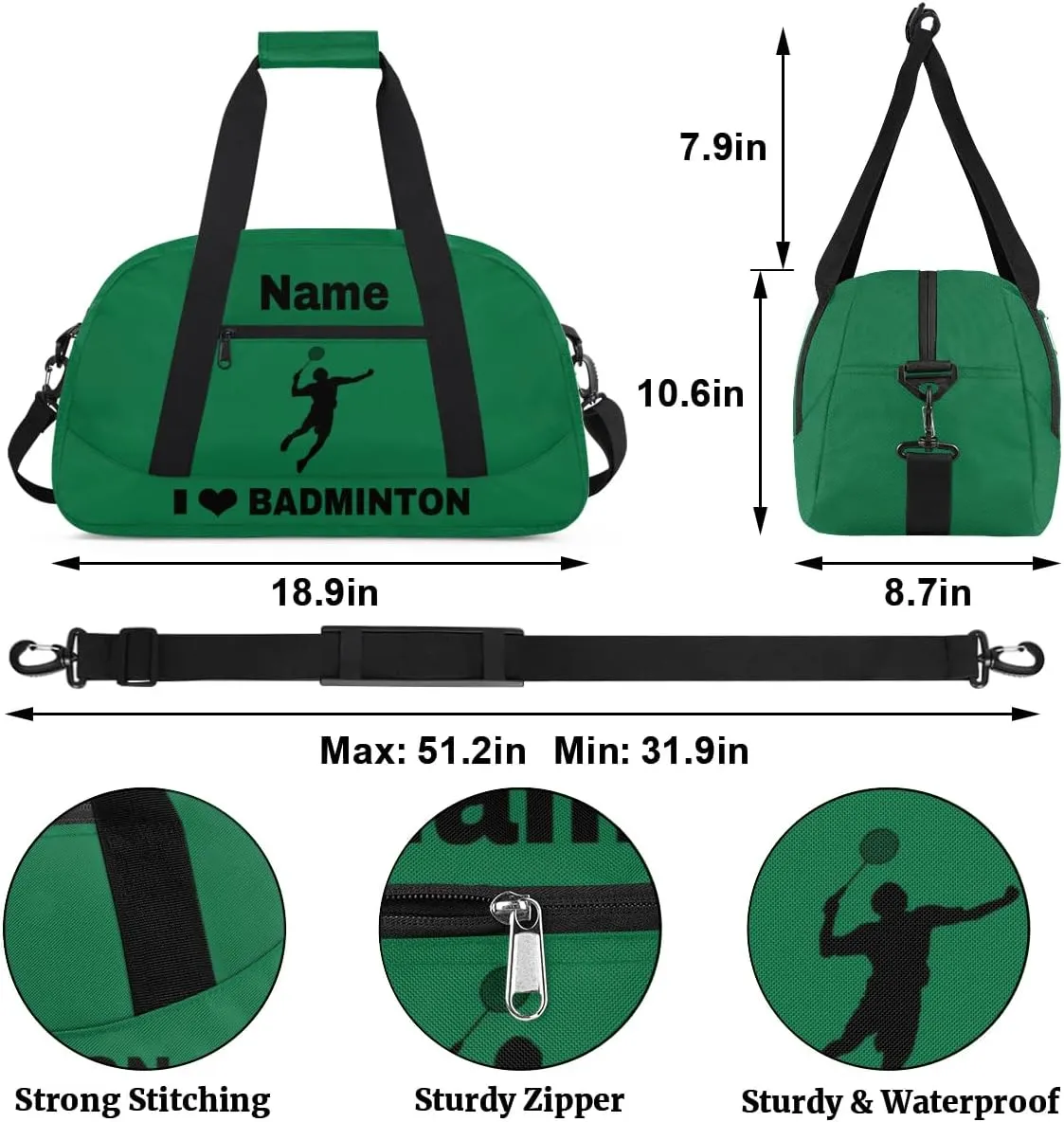 Custom Sport Duffel Bag Badminton Personalized Name Sports Bag Overnight Weekender Bag Waterproof Travel Sport Gym Bags, Green