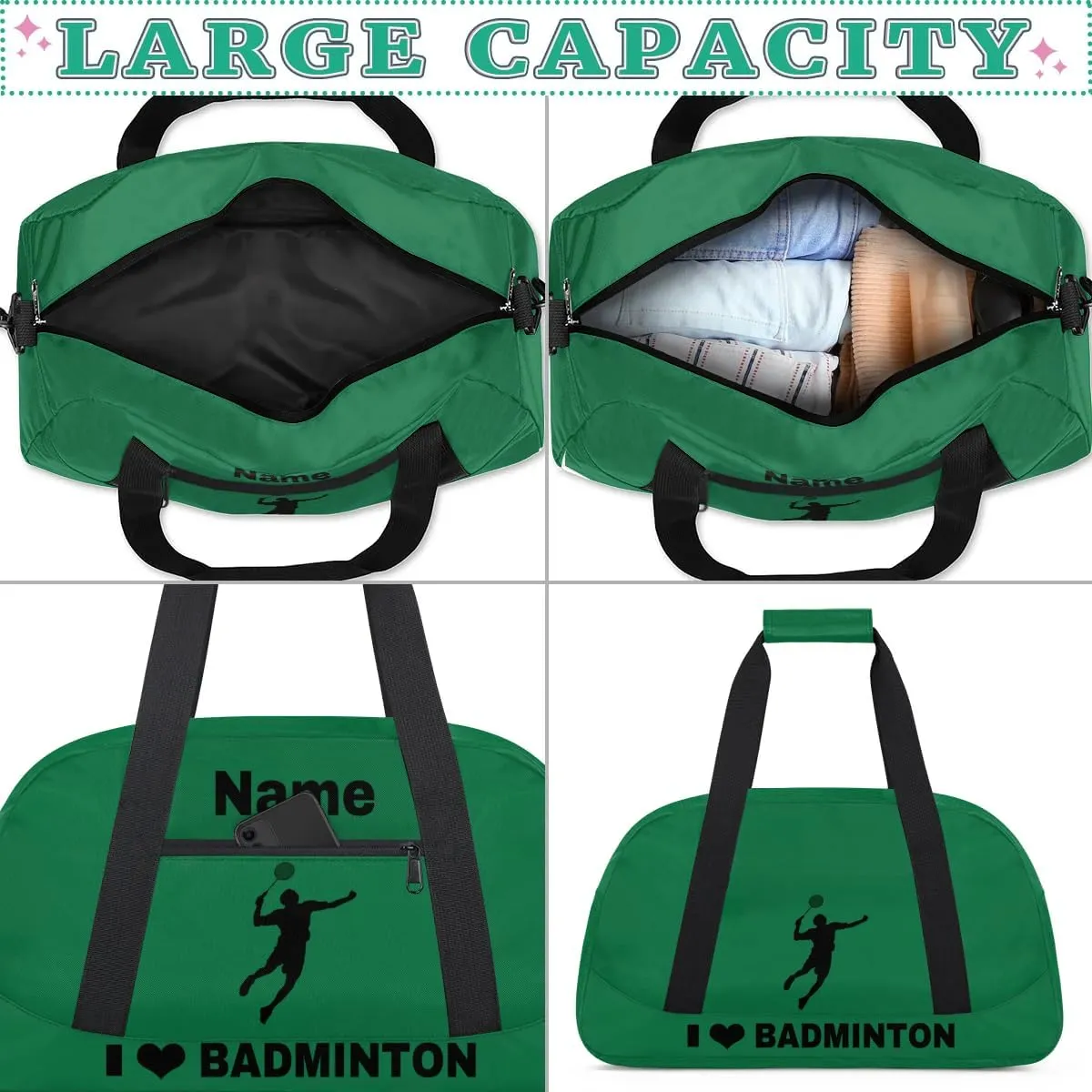 Custom Sport Duffel Bag Badminton Personalized Name Sports Bag Overnight Weekender Bag Waterproof Travel Sport Gym Bags, Green