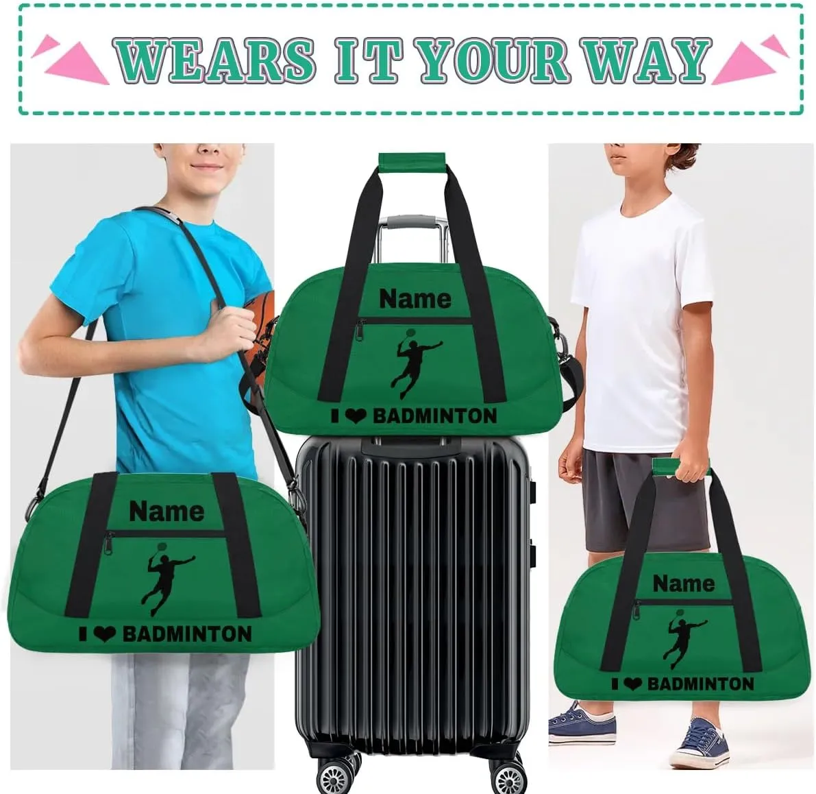 Custom Sport Duffel Bag Badminton Personalized Name Sports Bag Overnight Weekender Bag Waterproof Travel Sport Gym Bags, Green