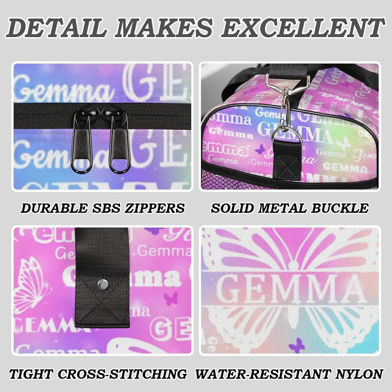 Custom Sport Duffel Bag with Name Butterfly Travel Overnight Bag for Women Men Waterproof Dance Ballet Bag Lightweight 17.4in, Rainbow Sparkly