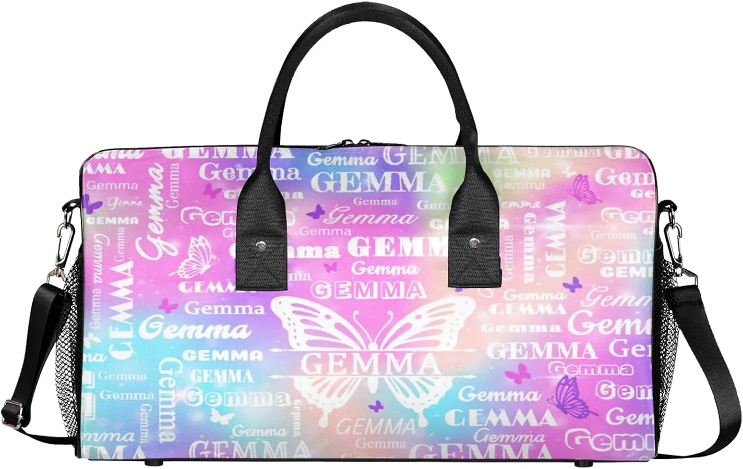 Custom Sport Duffel Bag with Name Butterfly Travel Overnight Bag for Women Men Waterproof Dance Ballet Bag Lightweight 17.4in, Rainbow Sparkly