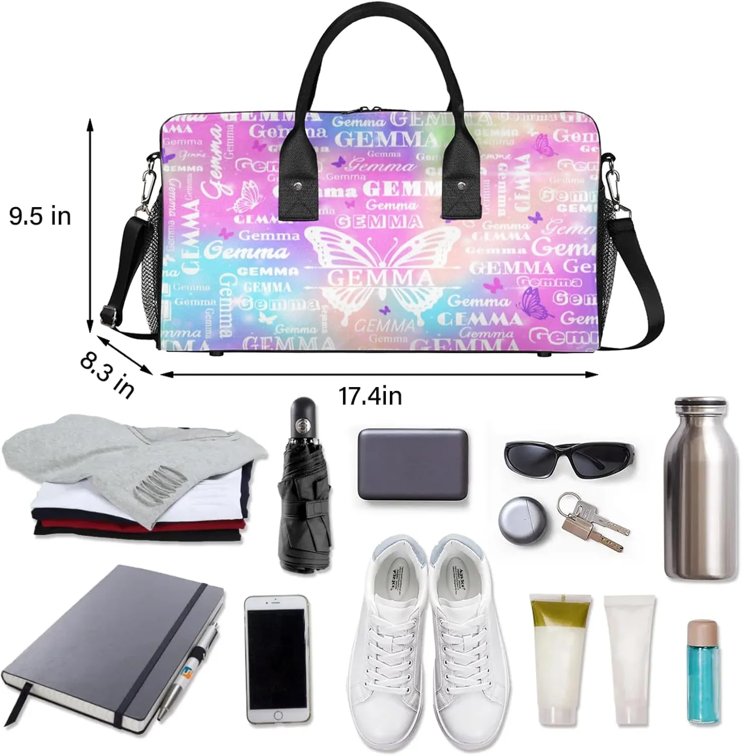 Custom Sport Duffel Bag with Name Butterfly Travel Overnight Bag for Women Men Waterproof Dance Ballet Bag Lightweight 17.4in, Rainbow Sparkly
