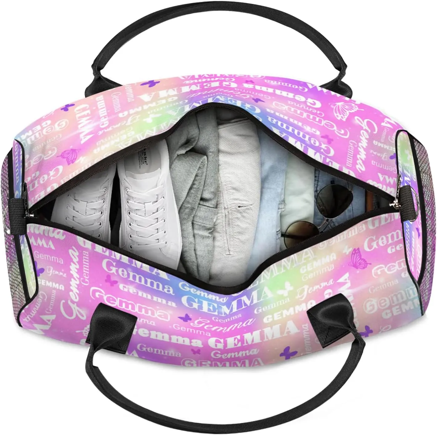 Custom Sport Duffel Bag with Name Butterfly Travel Overnight Bag for Women Men Waterproof Dance Ballet Bag Lightweight 17.4in, Rainbow Sparkly