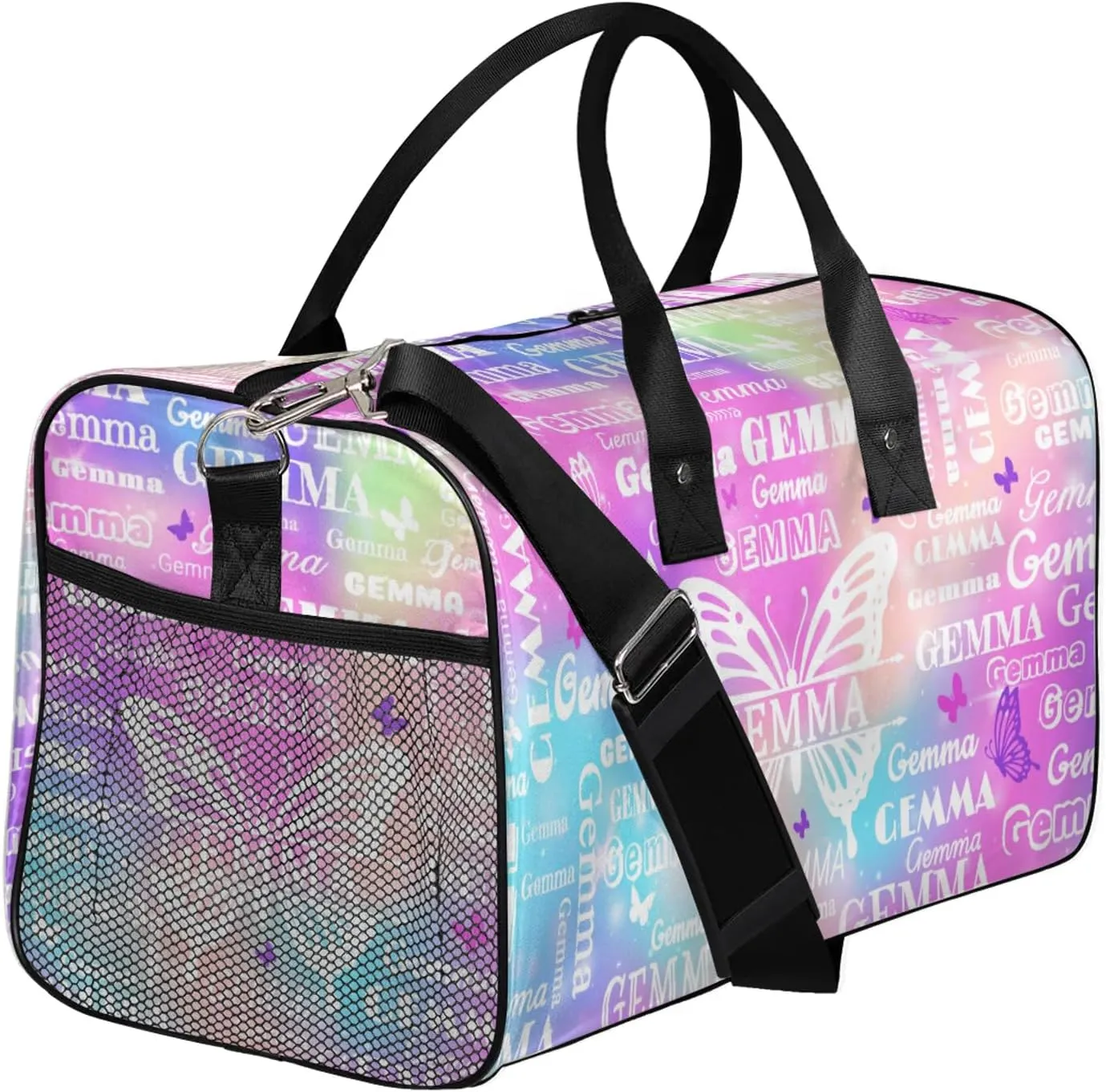 Custom Sport Duffel Bag with Name Butterfly Travel Overnight Bag for Women Men Waterproof Dance Ballet Bag Lightweight 17.4in, Rainbow Sparkly