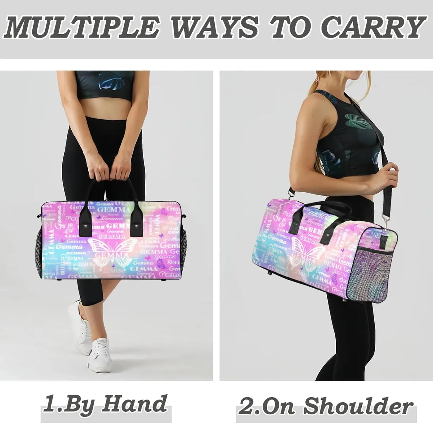 Custom Sport Duffel Bag with Name Butterfly Travel Overnight Bag for Women Men Waterproof Dance Ballet Bag Lightweight 17.4in, Rainbow Sparkly