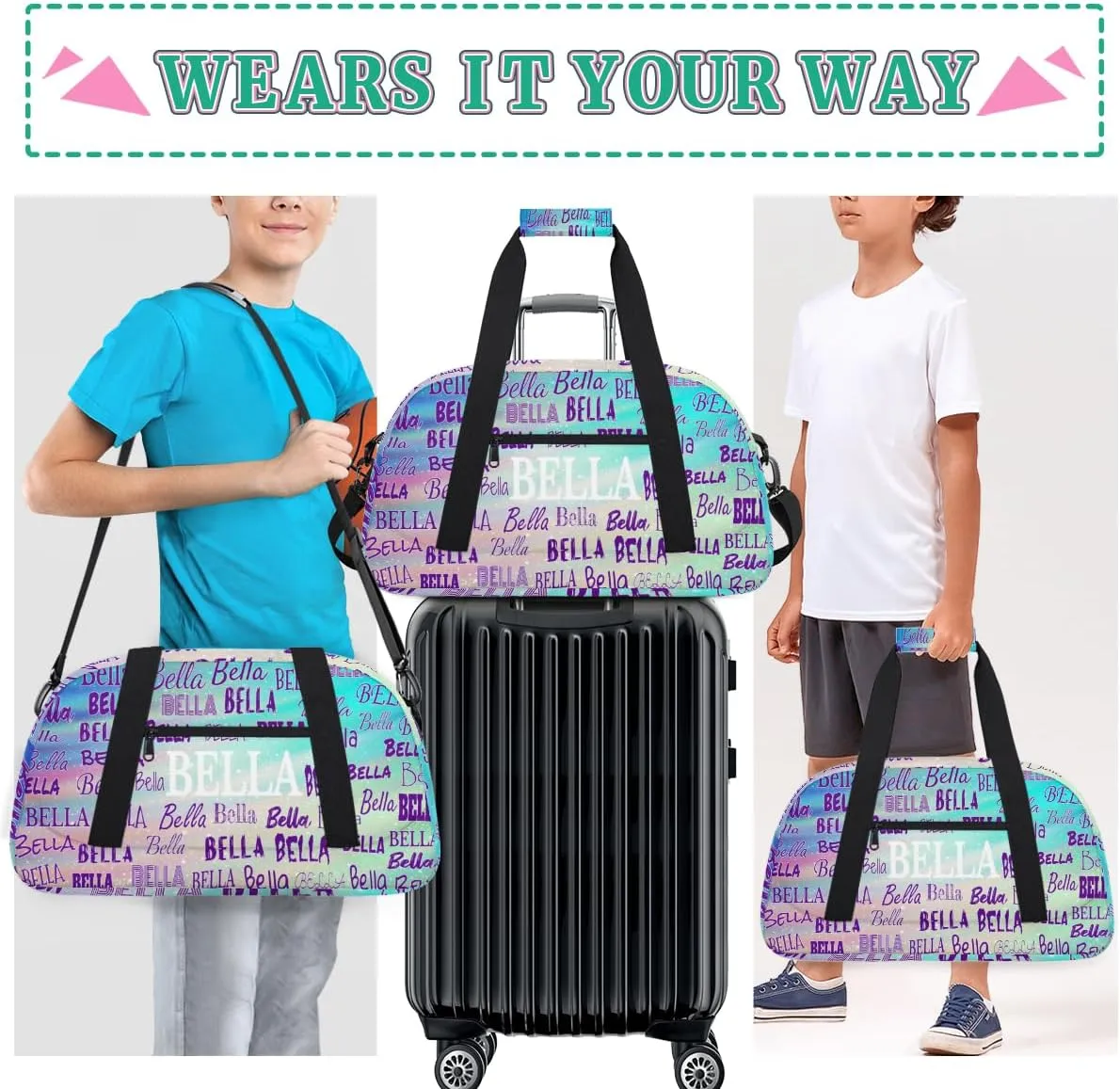 Custom Sports Dance Bag for Girls, Personalized Kids Gym Bag Customized Travel Duffle Bag with Name Ranked, Aqua Green Gradient Color