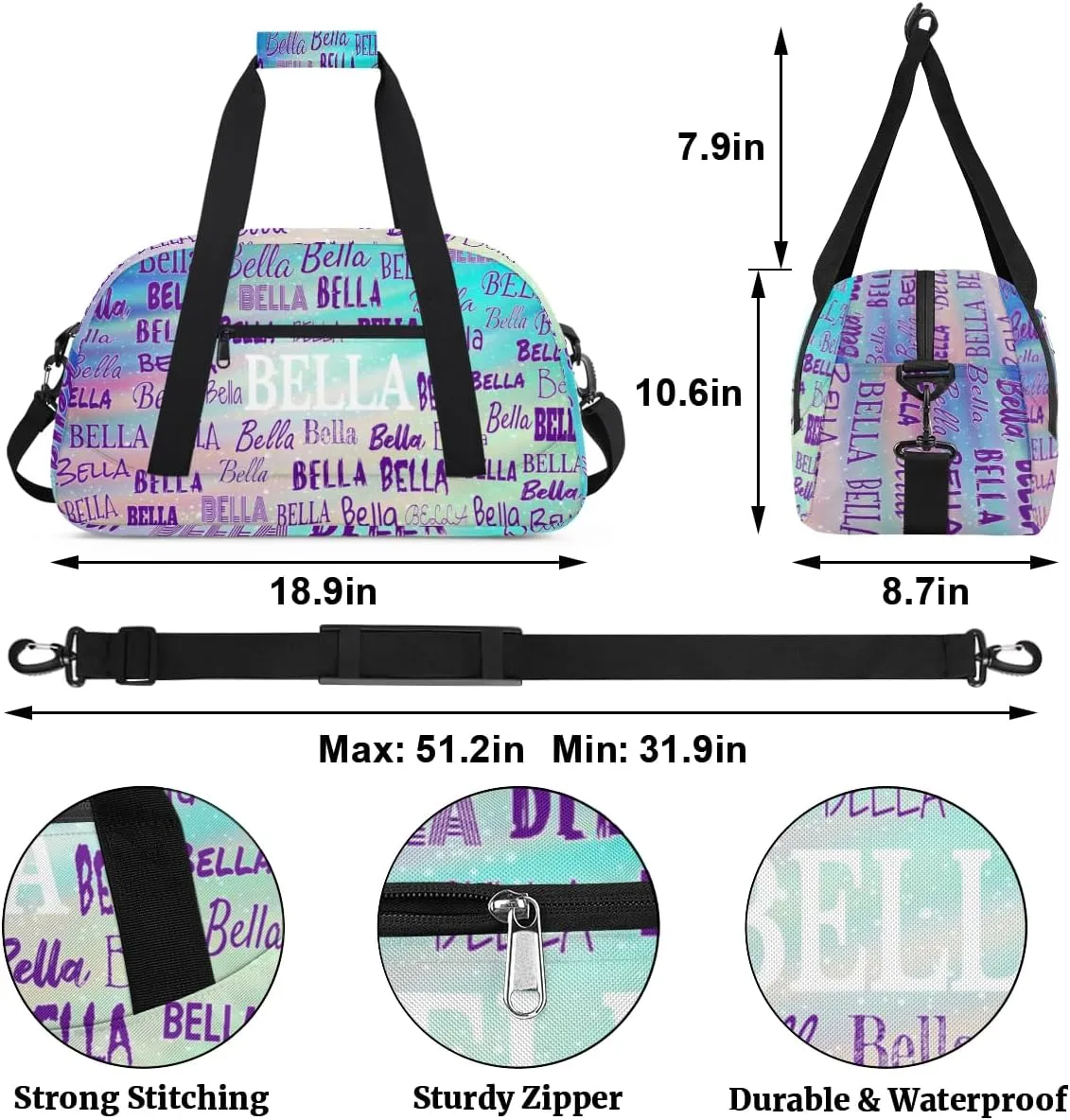 Custom Sports Dance Bag for Girls, Personalized Kids Gym Bag Customized Travel Duffle Bag with Name Ranked, Aqua Green Gradient Color