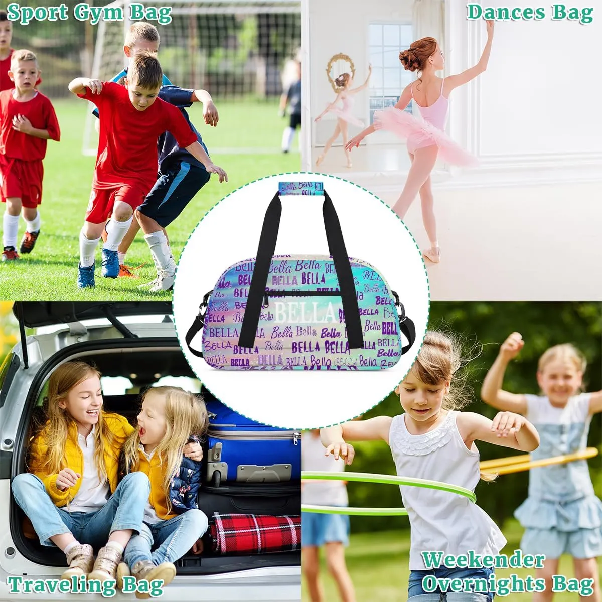 Custom Sports Dance Bag for Girls, Personalized Kids Gym Bag Customized Travel Duffle Bag with Name Ranked, Aqua Green Gradient Color