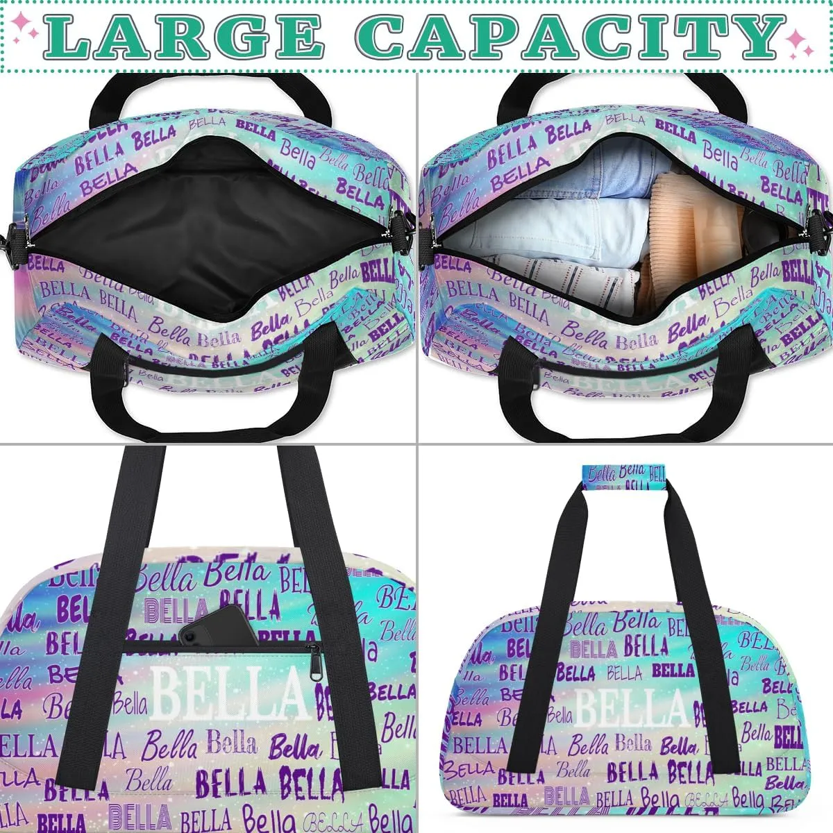 Custom Sports Dance Bag for Girls, Personalized Kids Gym Bag Customized Travel Duffle Bag with Name Ranked, Aqua Green Gradient Color