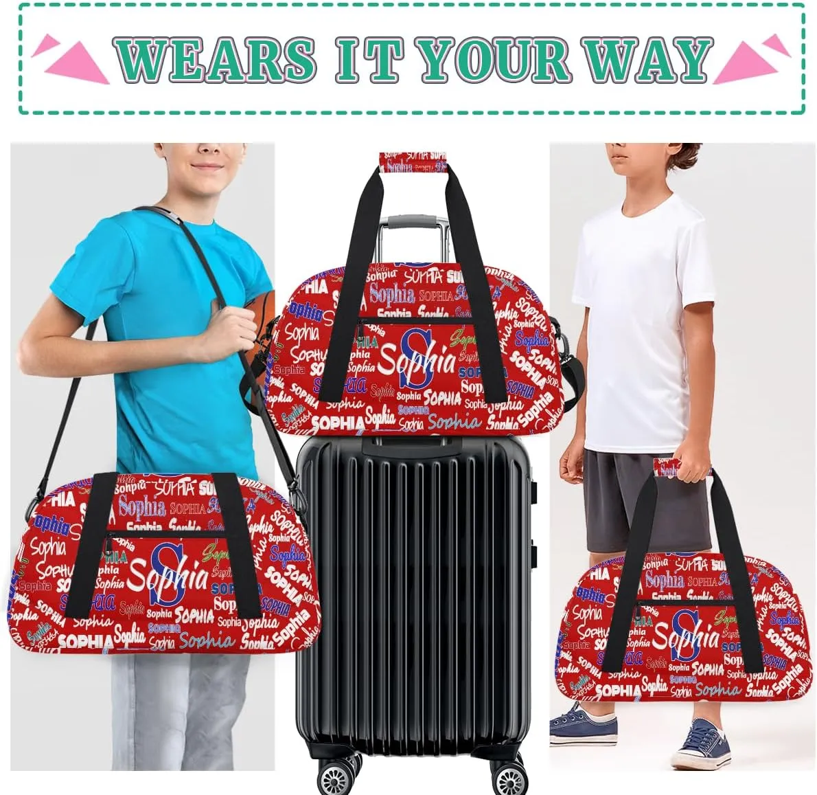 Custom Sports Duffel Bag Boys, Personalized Kids Gym Bag Customized Travel Duffle Bag with Name Ranked, Red Background