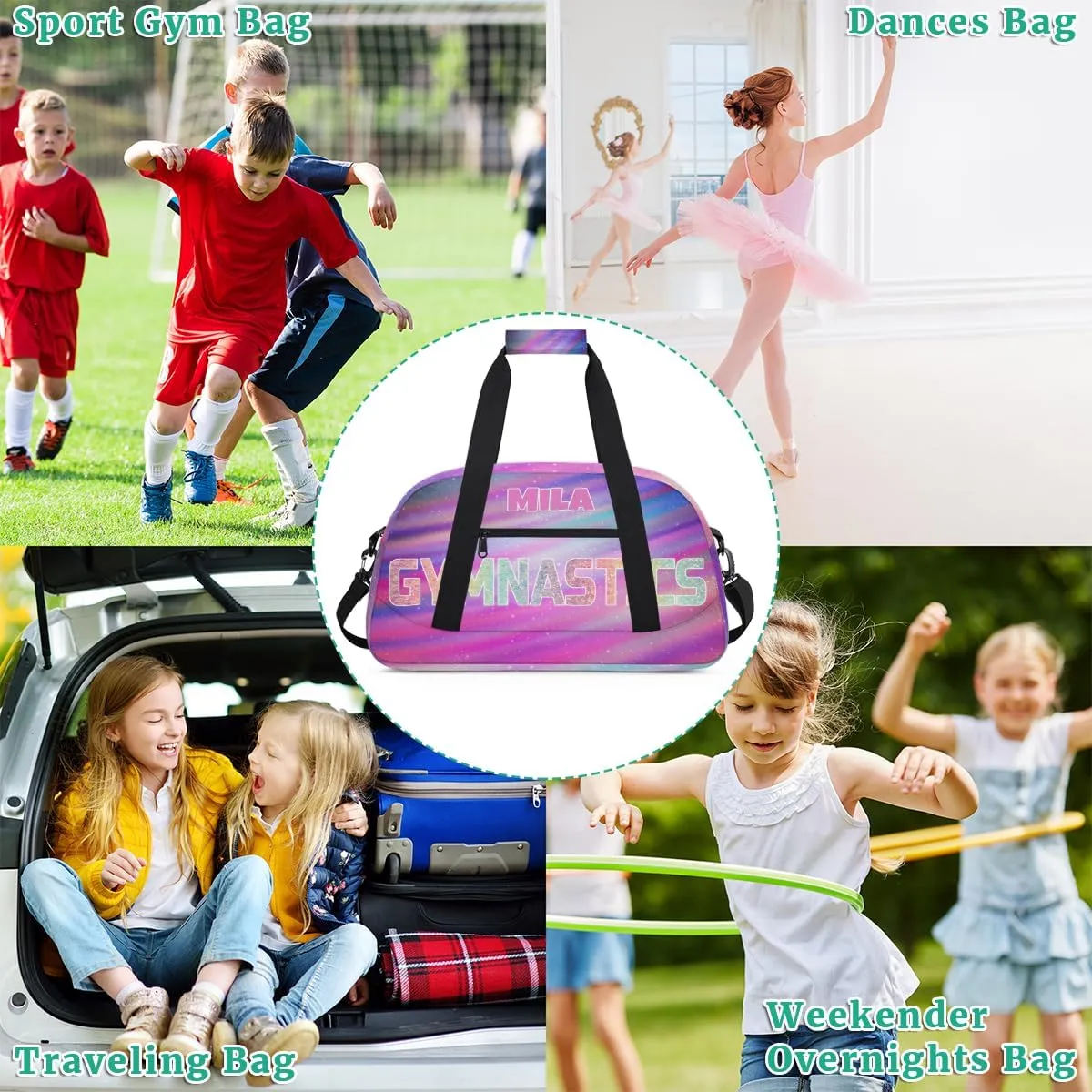 Custom Sports Gym Bag, Personalized Dance Ballet Bag Travel Overnight Small Duffel Bag Gymnastics Swimming Sleepover Overnight Sports Bag, Purple Galaxy Universe