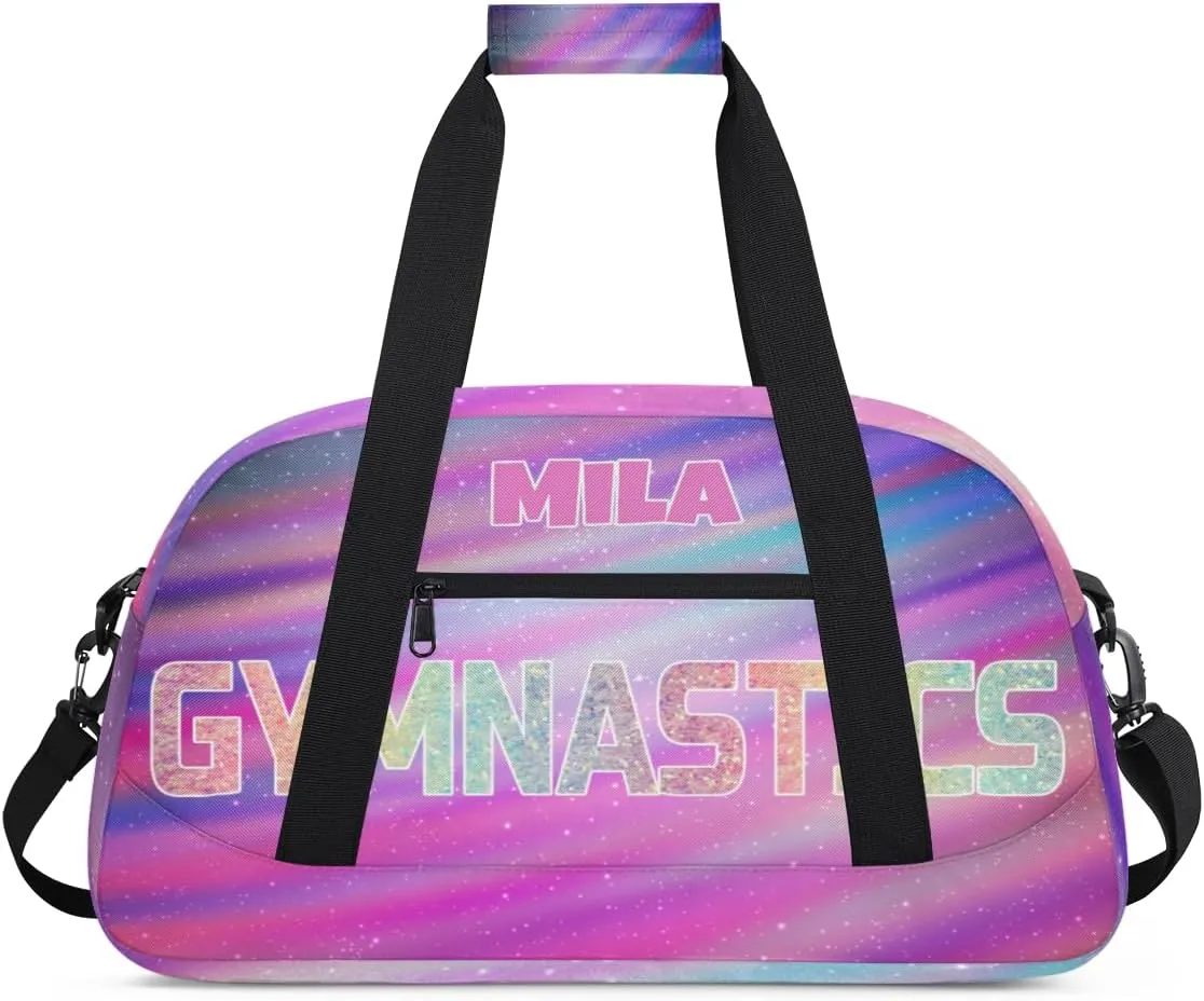 Custom Sports Gym Bag, Personalized Dance Ballet Bag Travel Overnight Small Duffel Bag Gymnastics Swimming Sleepover Overnight Sports Bag, Purple Galaxy Universe