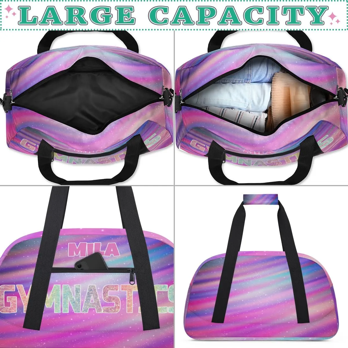 Custom Sports Gym Bag, Personalized Dance Ballet Bag Travel Overnight Small Duffel Bag Gymnastics Swimming Sleepover Overnight Sports Bag, Purple Galaxy Universe