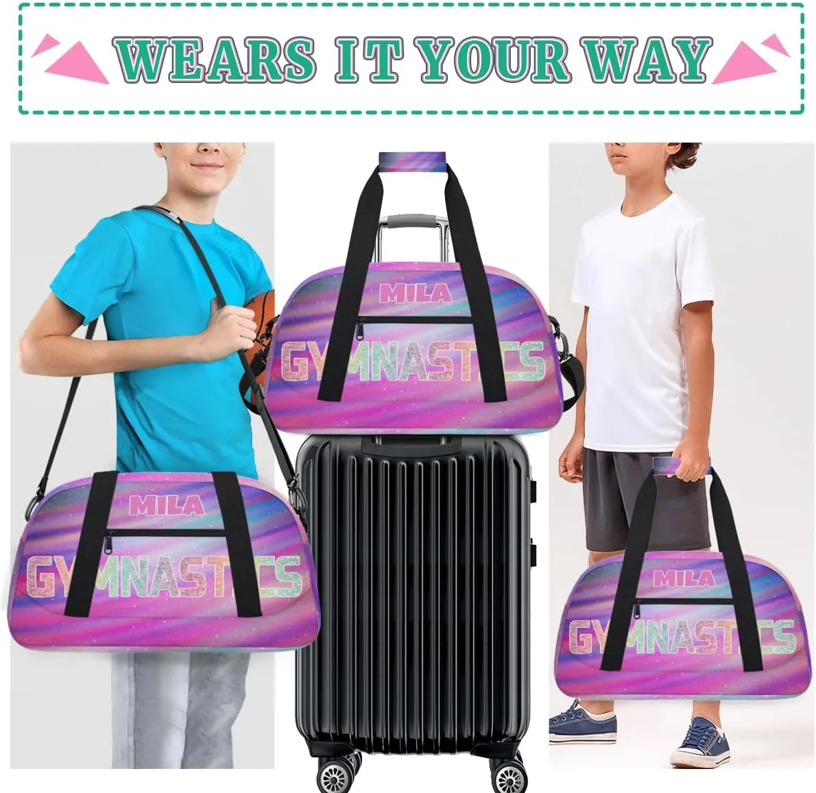 Custom Sports Gym Bag, Personalized Dance Ballet Bag Travel Overnight Small Duffel Bag Gymnastics Swimming Sleepover Overnight Sports Bag, Purple Galaxy Universe