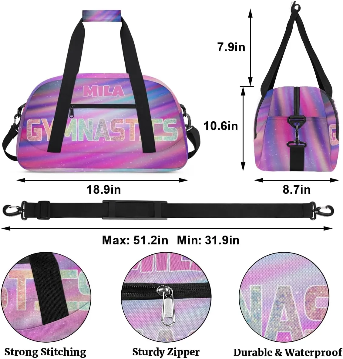Custom Sports Gym Bag, Personalized Dance Ballet Bag Travel Overnight Small Duffel Bag Gymnastics Swimming Sleepover Overnight Sports Bag, Purple Galaxy Universe