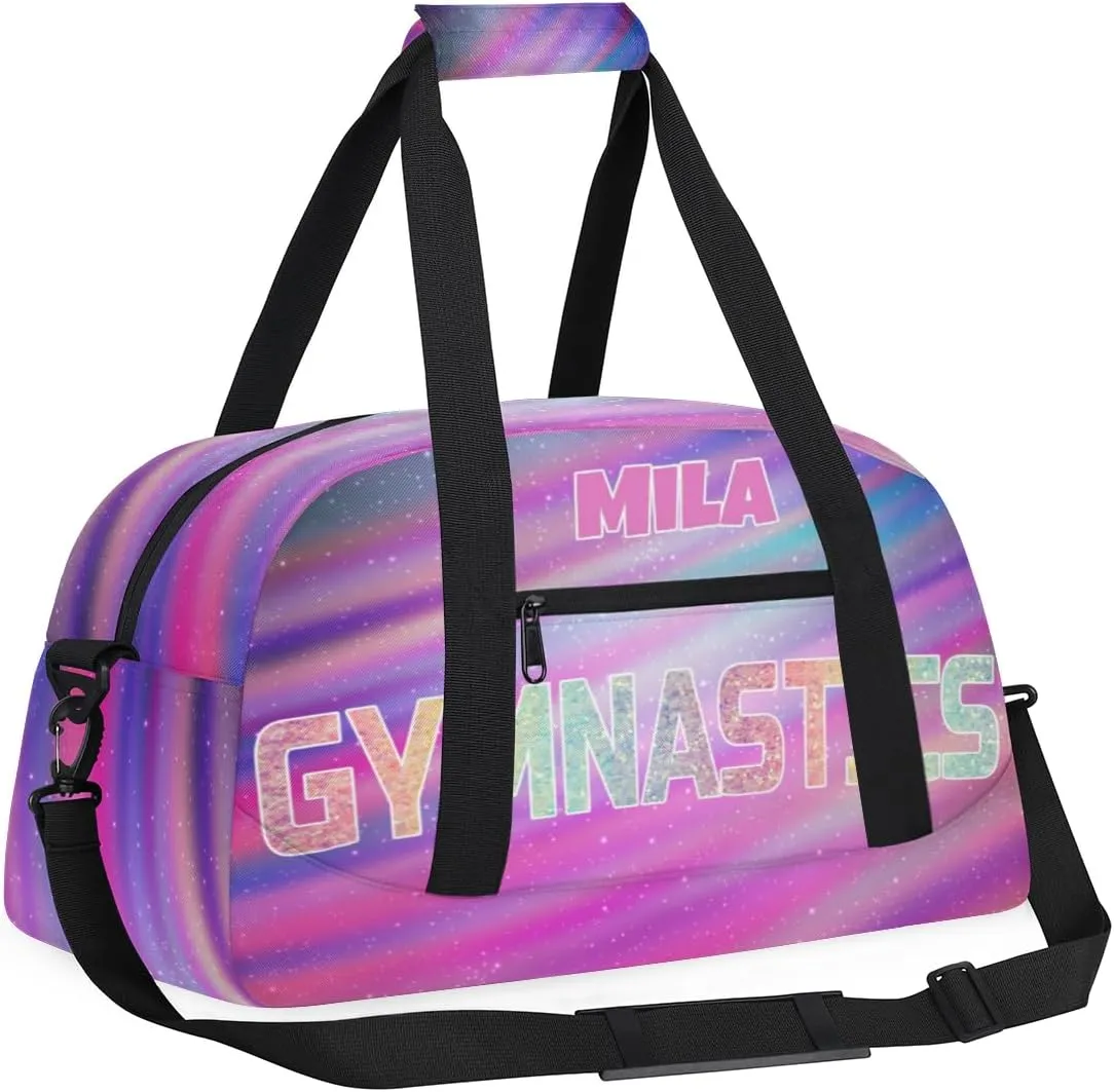 Custom Sports Gym Bag, Personalized Dance Ballet Bag Travel Overnight Small Duffel Bag Gymnastics Swimming Sleepover Overnight Sports Bag, Purple Galaxy Universe