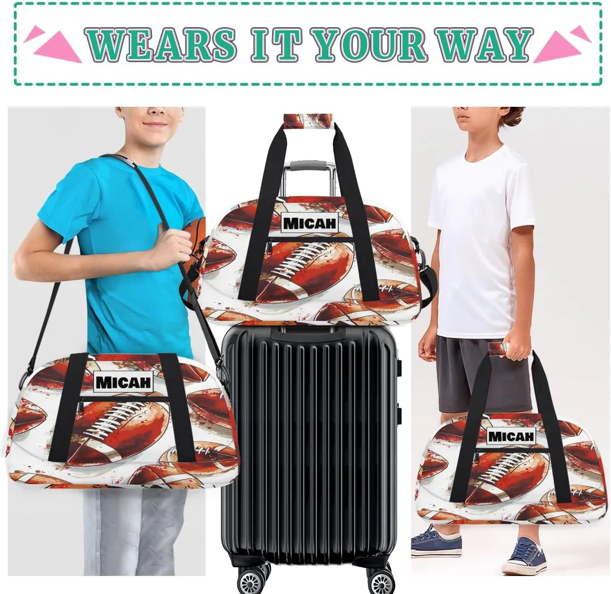 Custom Sports Painted Football Duffel Bags for Boys, Personalized Sports Gym Duffel Tote Workout Bag Named Practice Travel Overnight Training Bag, American Football
