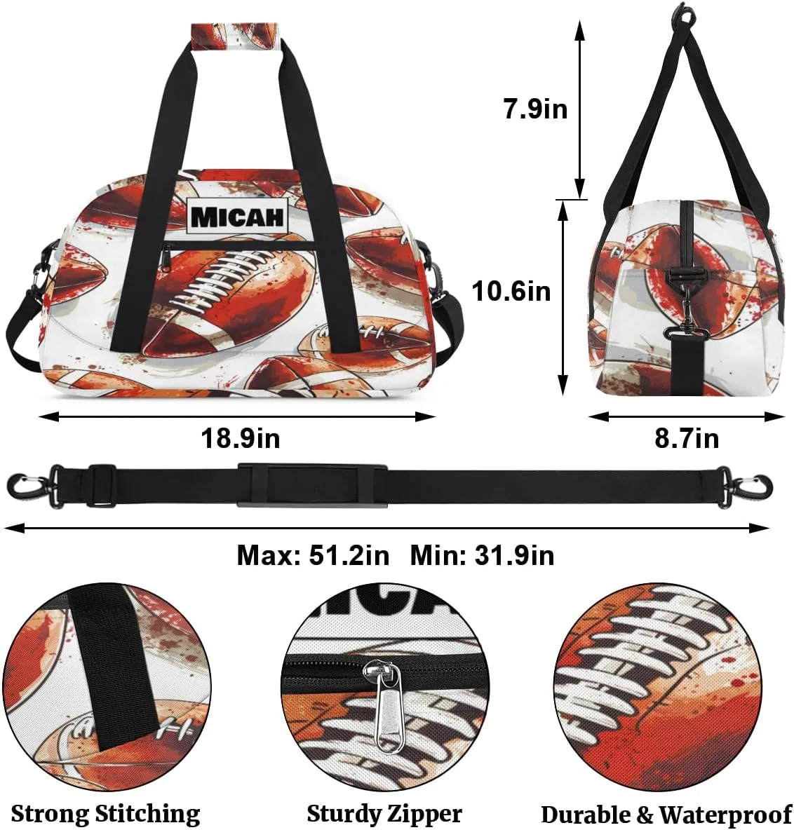 Custom Sports Painted Football Duffel Bags for Boys, Personalized Sports Gym Duffel Tote Workout Bag Named Practice Travel Overnight Training Bag, American Football