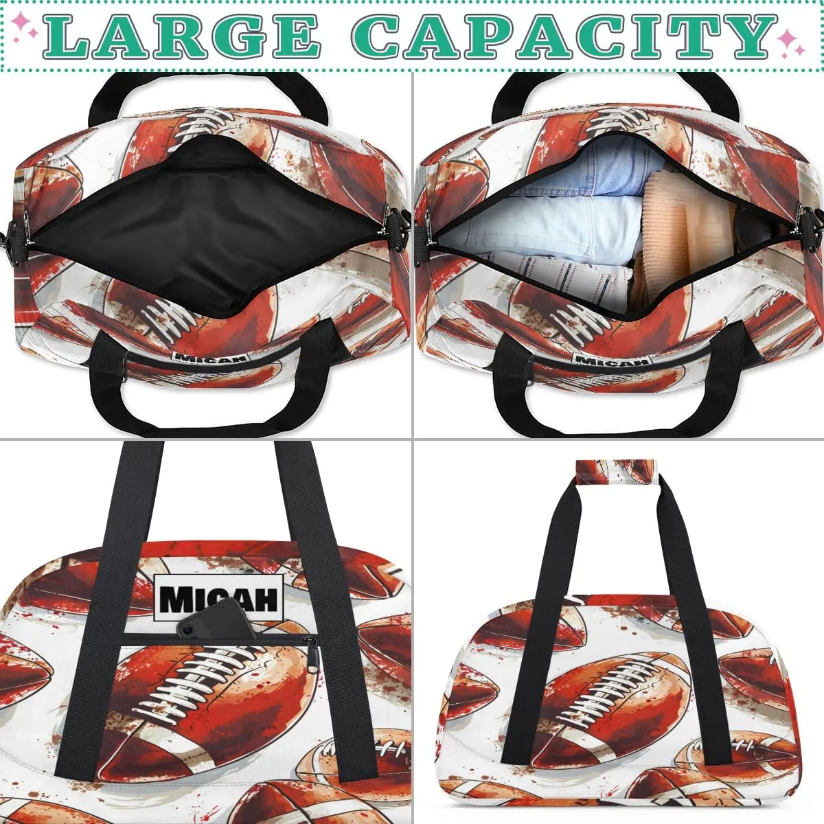 Custom Sports Painted Football Duffel Bags for Boys, Personalized Sports Gym Duffel Tote Workout Bag Named Practice Travel Overnight Training Bag, American Football