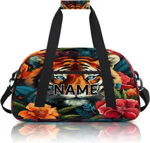 Custom Tiger Colorful Floral Small Gym Bag 18 inch for Women Men Personalized Tiger Carry On Overnight Weekender Bag for Travel Work Dance Sport